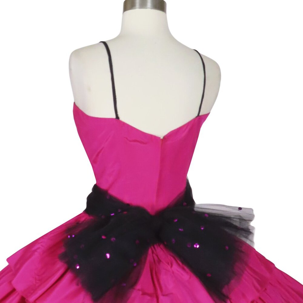 Vintage 80s Pink Black Beaded Tiered Full Skirt Prom Cocktail Party Dress S M - Picture 11 of 14